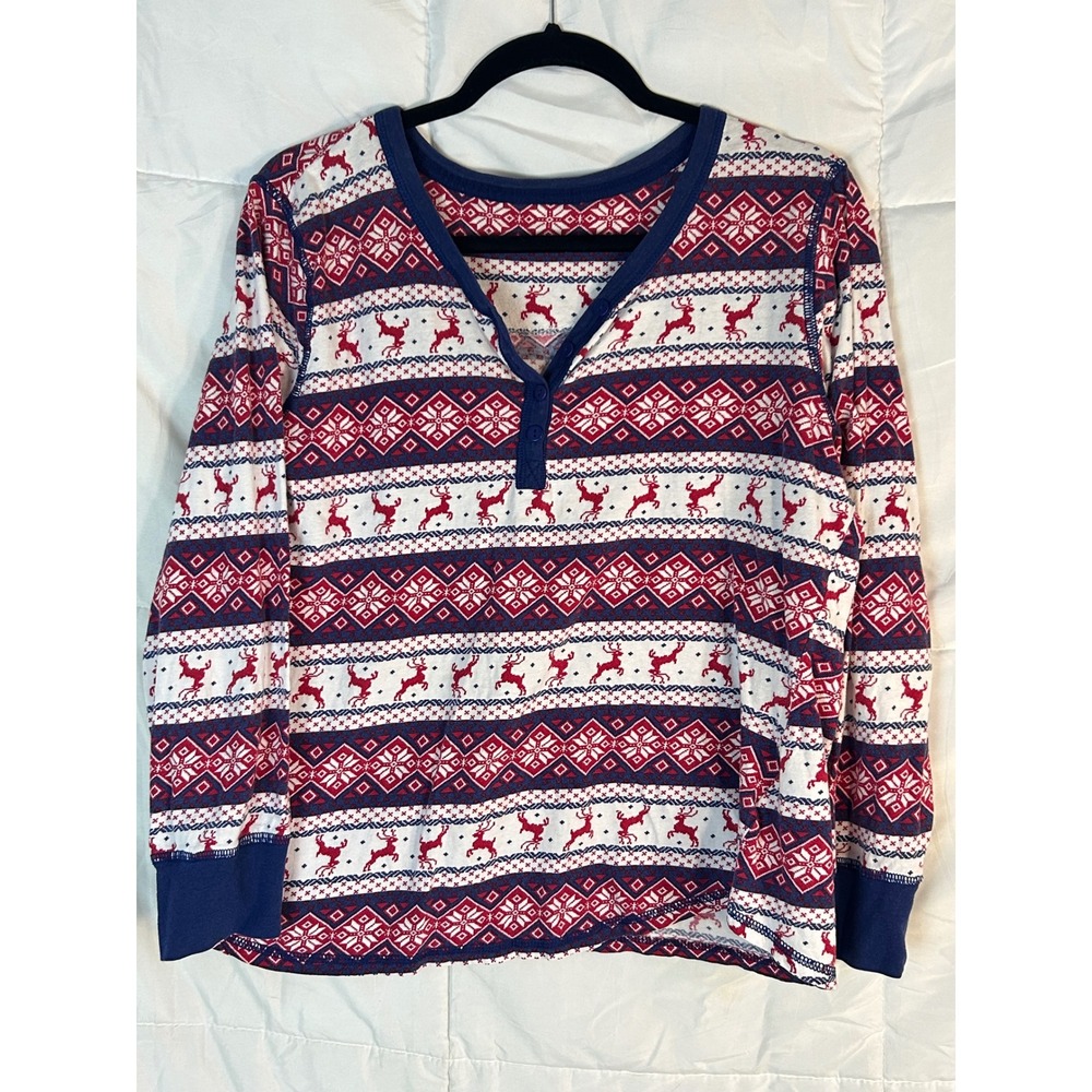 Womens XL Fair Isle Reindeer‎ Christmas Pajama Long Sleeve Henley Top